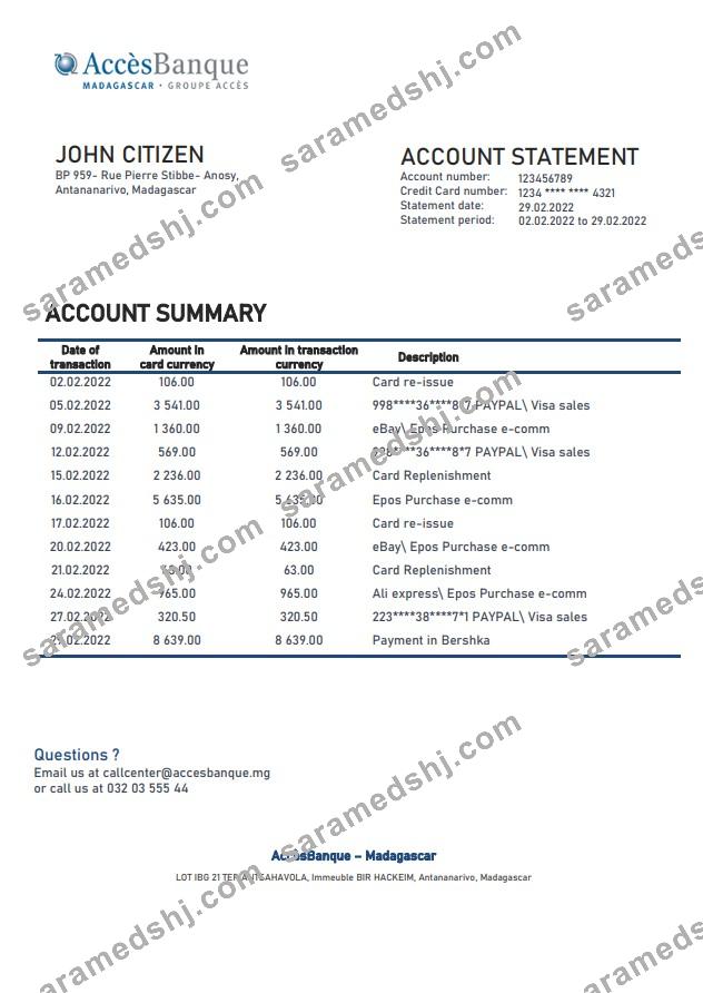 Madagascar Acces Banque bank statement